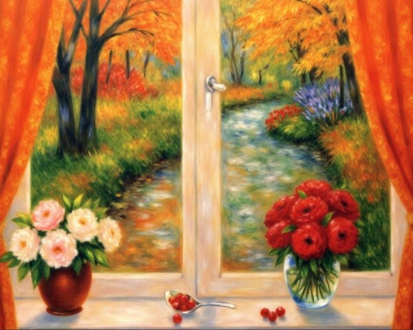 Autumn Landscape with Flower Arrangements on Windowsill
