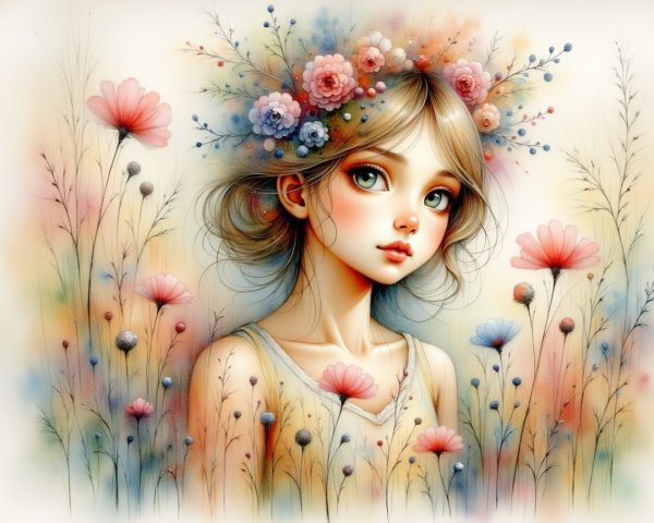 Young girl with floral crown in vibrant backdrop