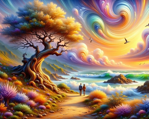 Vibrant Sunset Landscape with Ocean and Figures