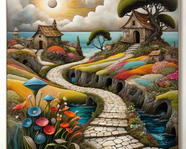 Whimsical Landscape with Charming Houses and Nature