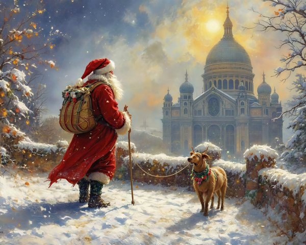 Santa Claus and Reindeer Journeying Through Snowy Path