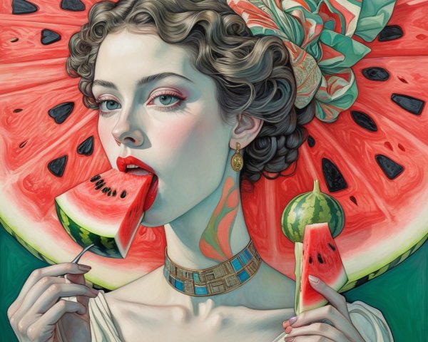 Young woman with curls enjoying watermelon slice