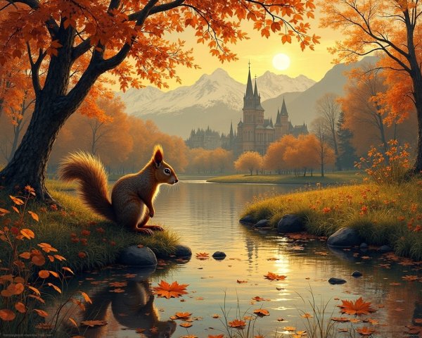 Autumn Landscape with Lake, Castle, and Foliage