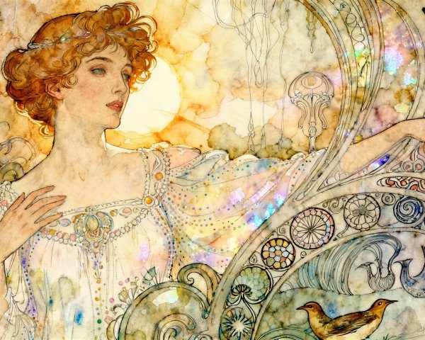 Art Nouveau Watercolor Painting of Woman with Sun Disk