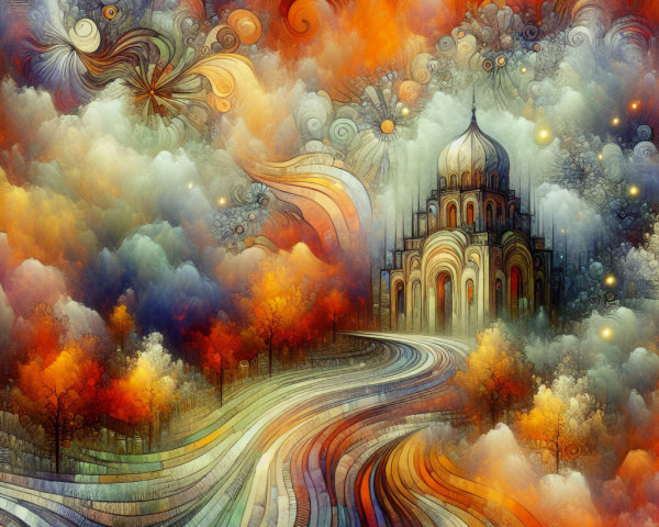 Surreal Landscape with Ornate Mosque and Colorful Road