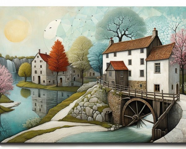 Quaint Riverside Landscape with Charming Houses and Trees