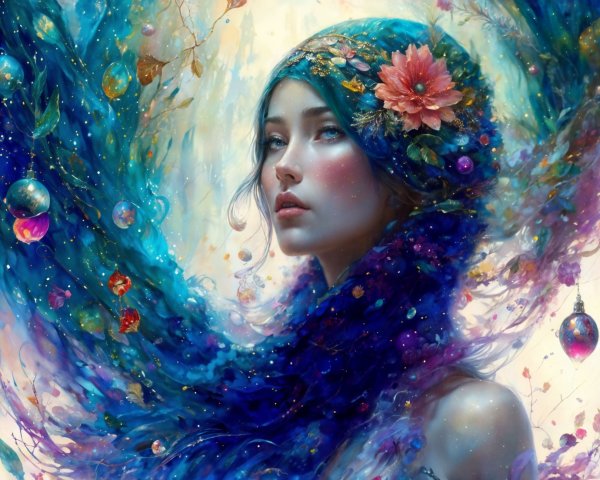 Portrait of a woman with flowing hair in vibrant colors