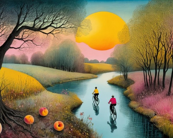 Cyclists Riding Along a Serene Sunset River Scene