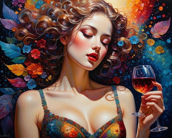Woman with Curly Hair Holding Red Wine in Colorful Setting