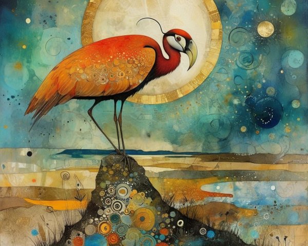 Vibrant Flamingo on Textured Rock with Abstract Patterns