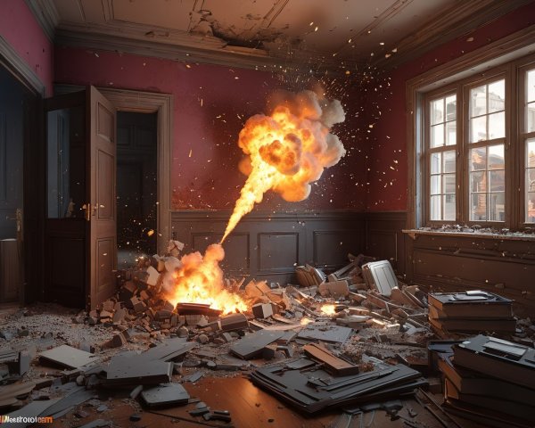 Dilapidated room with explosion and fireball chaos