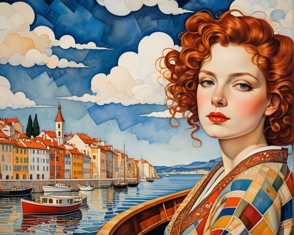 Vibrant Portrait of a Woman on a Boat with Coastal Town