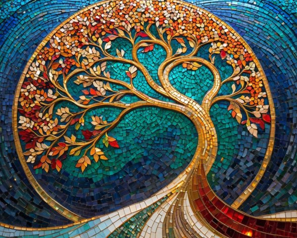 Vibrant Mosaic of a Tree with Turquoise Background
