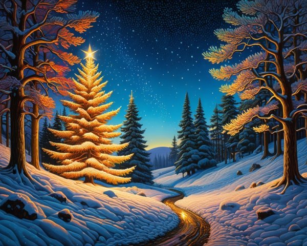 Fantastical Winter Landscape with Golden Christmas Tree