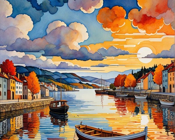 Tranquil Harbor Landscape at Sunset with Colorful Clouds