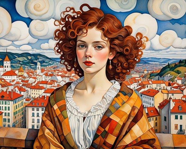 Woman with Red Hair on Balcony Overlooking Cityscape
