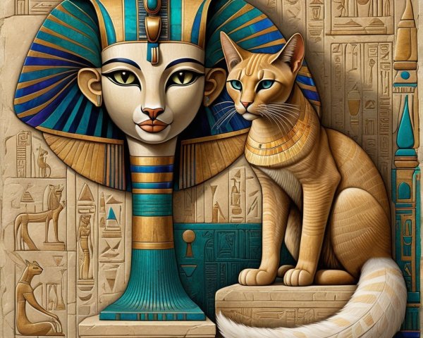 Stylized Pharaoh Head with Cat and Hieroglyphs