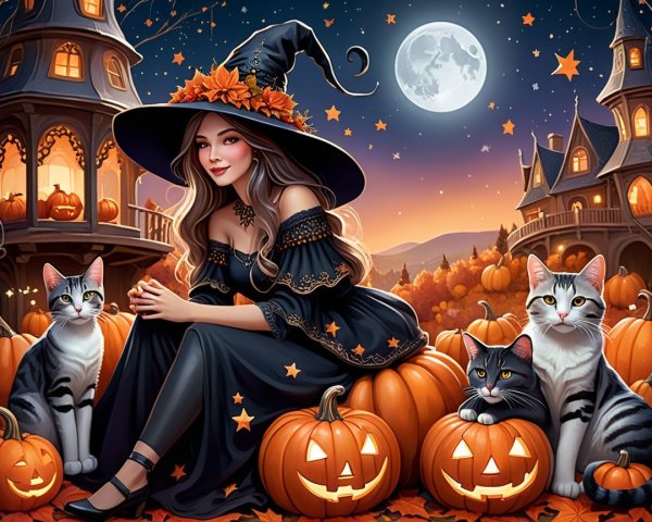 Magical Halloween Scene with Witch and Pumpkins