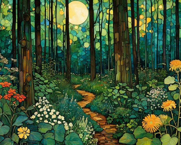 Vibrant Forest Scene Under a Glowing Full Moon