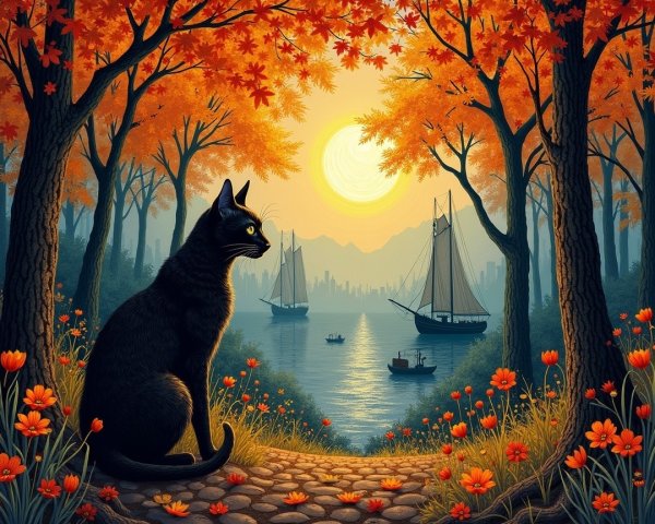 Autumn Landscape with Black Cat and Vibrant Foliage