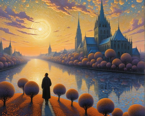 Serene Sunset Landscape with River and Unique Architecture