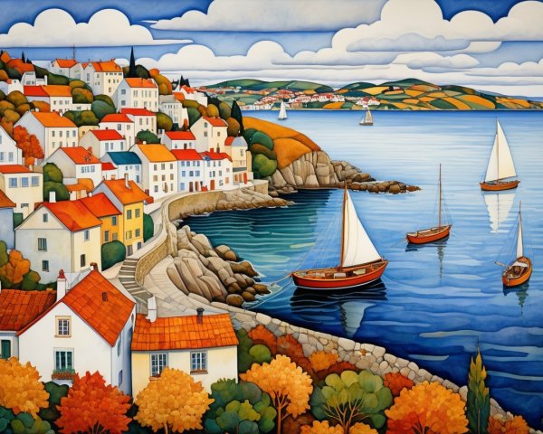 Charming Coastal Scene with Sailboats and Red Roofs