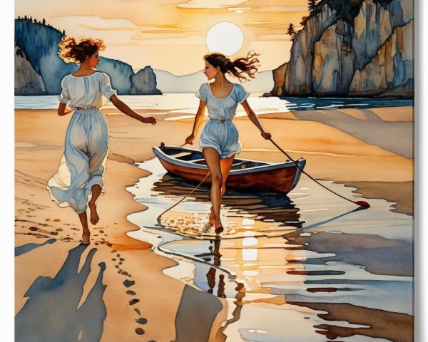 Women in White Dresses on Sunset Beach