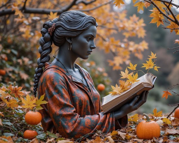 Statue of Woman Reading Amid Autumn Foliage