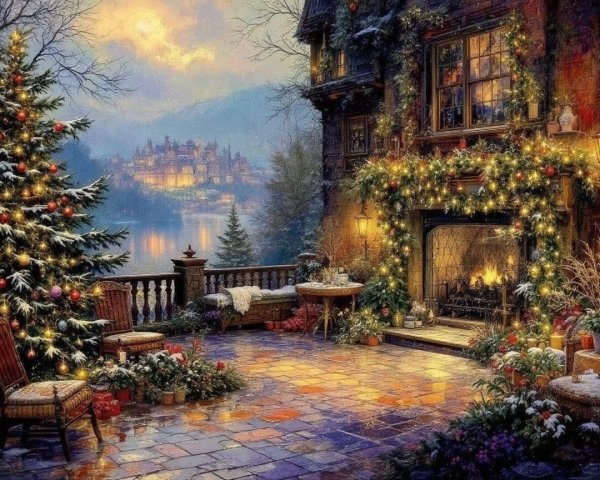 Cozy Winter Evening with Christmas Tree and Firepit