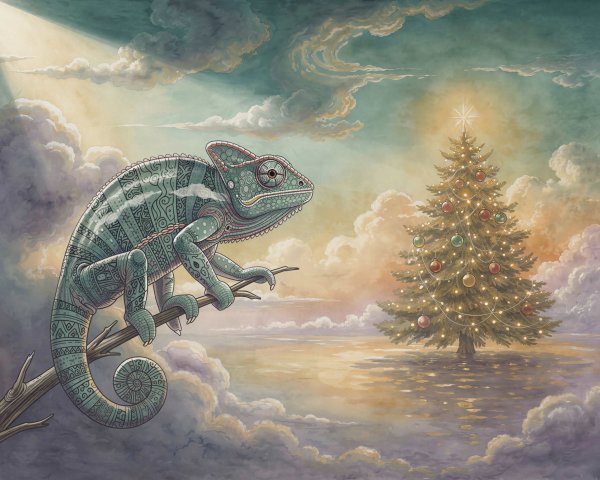 Detailed Ethereal Illustration of a Chameleon on a Branch