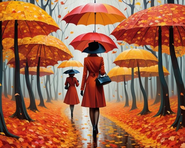Two figures in red coats on a foggy autumn path
