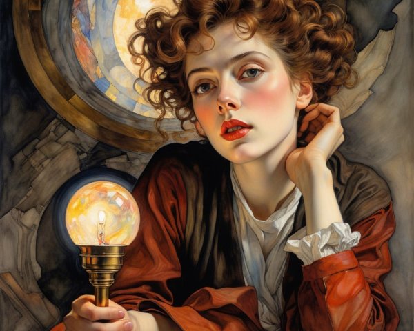 Young woman with curly hair holding glowing orb