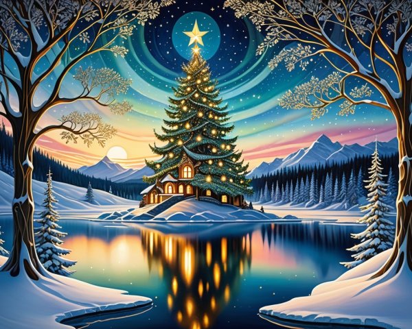 Winter Scene with Christmas Tree and Cozy Cabin