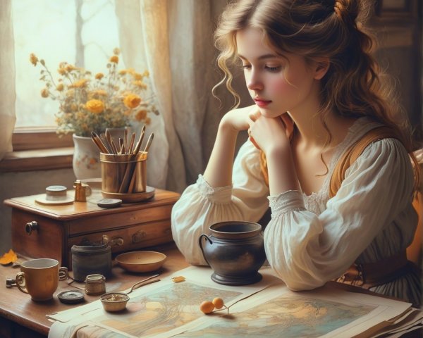 Young Woman Contemplating Over Map and Art Supplies