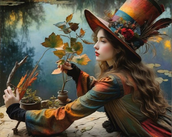 Young Woman in Colorful Hat by Serene Pond