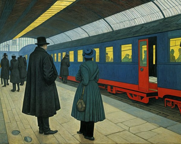 Vintage Train Station with Figures and Warm Lighting