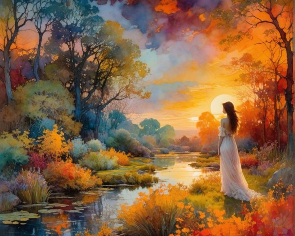 Serene Sunset Landscape with Woman by Tranquil River