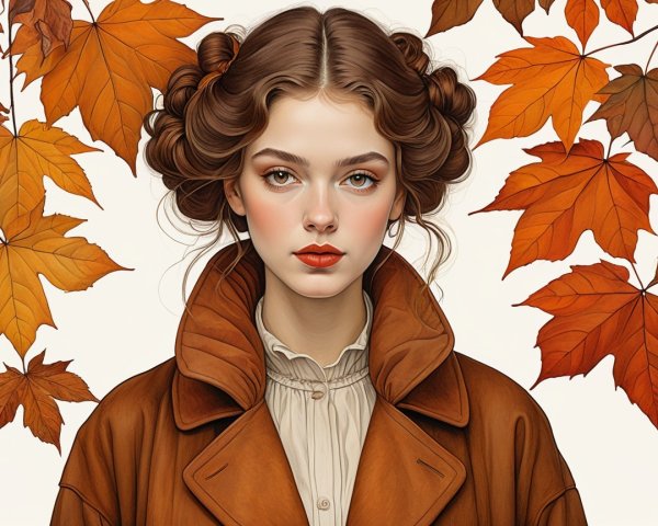 Young woman in oversized coat among autumn leaves