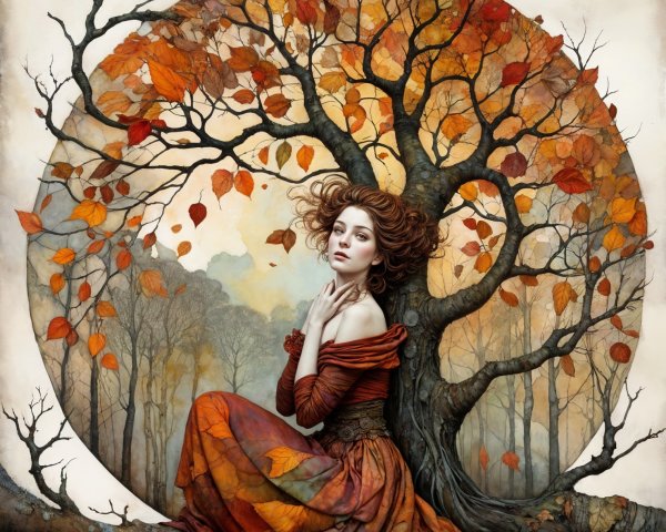 Young Woman in Autumn Setting by Bare Tree