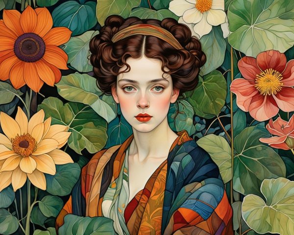Young woman in vibrant floral backdrop with serene expression