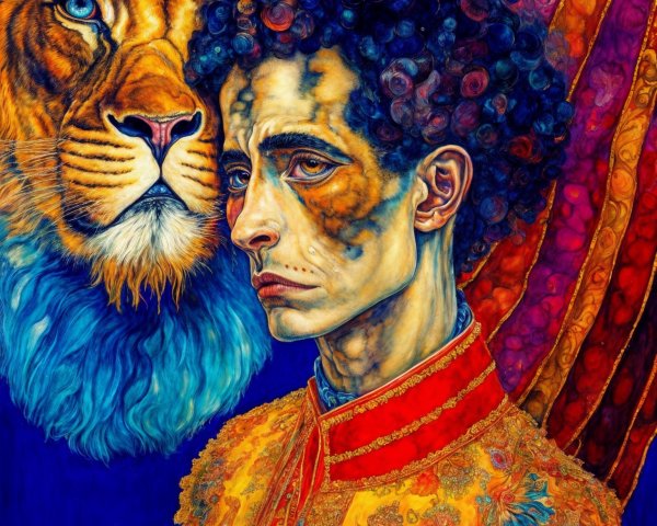 Colorful portrait of a man with a lion backdrop