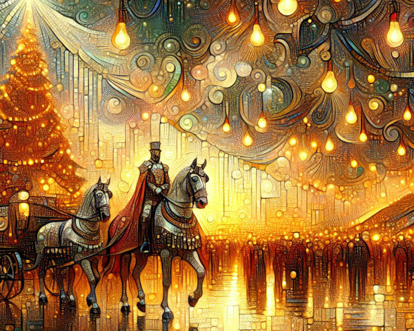 Regal Figure on Horseback in Festive Celebration Scene