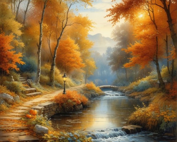 Serene Autumn Landscape with Vibrant Trees and Stream