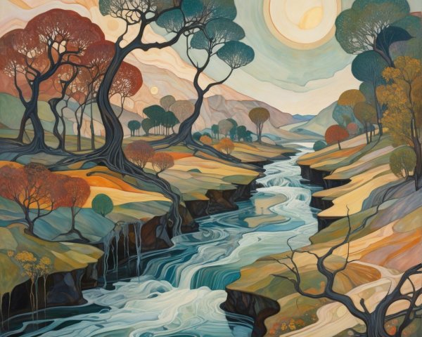 Vibrant Landscape with Stylized Trees and River
