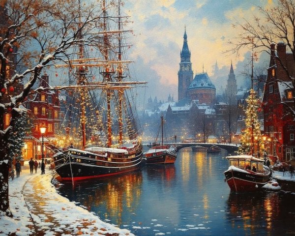 Winter Canal Scene with Snow-Covered Buildings