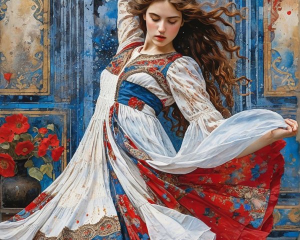 Elegant young woman in vibrant red, white, and blue dress