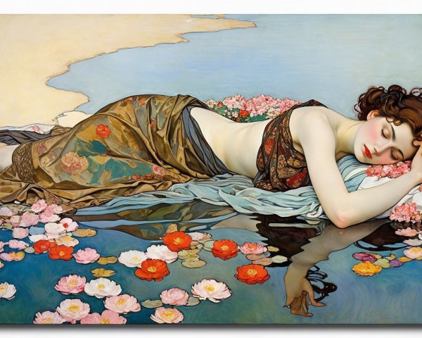 Serene Woman Reclining Among Water Lilies and Fabrics