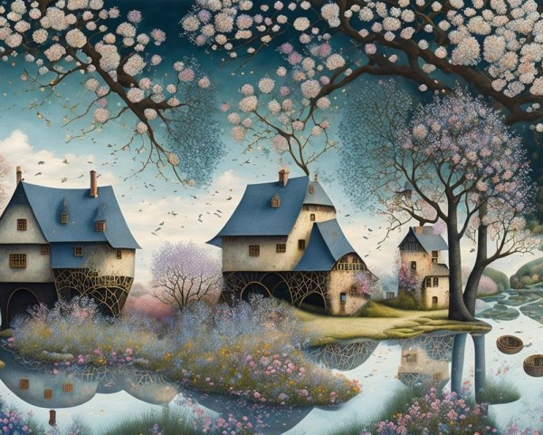 Whimsical Houses Among Cherry Blossoms and Pond