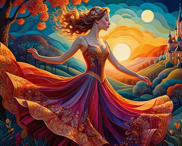 Woman in Vibrant Gown Amidst Scenic Landscape