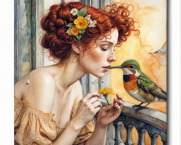 Young woman with red curls and hummingbird encounter